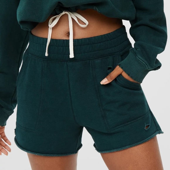 Aerie Shorts Terry Green Lounge Green Distressed Size Small - Picture 1 of 5